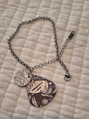 Stainless Steel Bracelet with A Guitar Pick Pendant And Hammered Charm